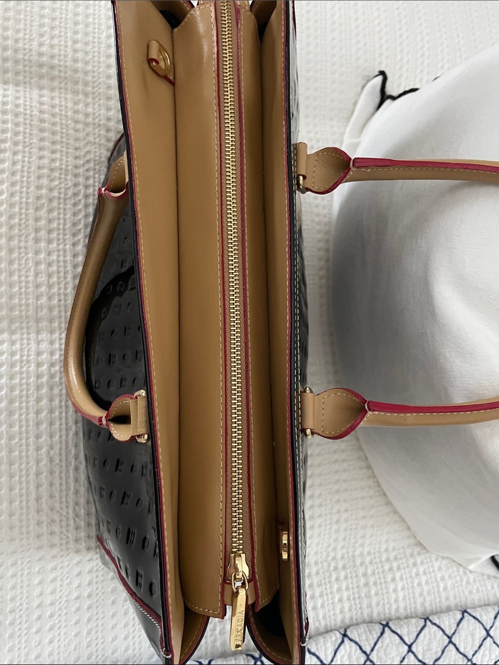 Arcadia Patent Leather Tote Bag with Tan Handles - Black - Picture 4 of 14